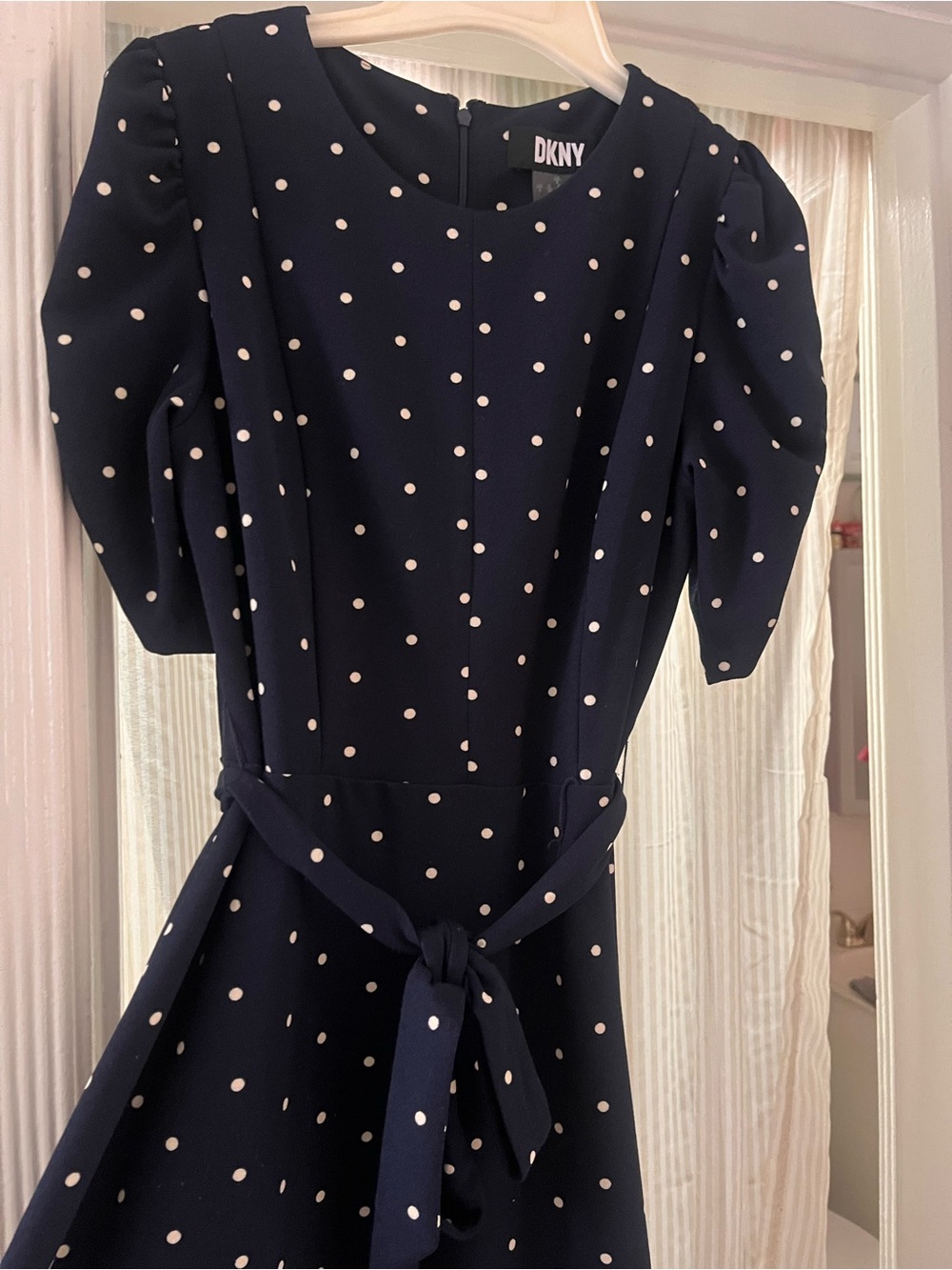 DKNY Navy and White Polka Dot Midi Dress with Puff Sleeves - Picture 3 of 6